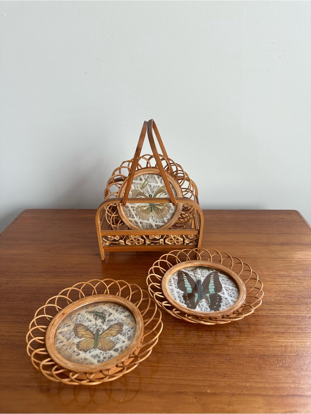 1970s | VINTAGE WICKER & GLASS BUTTERFLY SPECIMEN COASTERS WITH HOLDER | BOHO